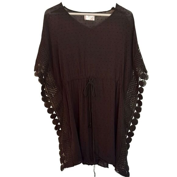 Top it Off black crochet tie waist Swiss dot coverup one size black - Picture 1 of 8